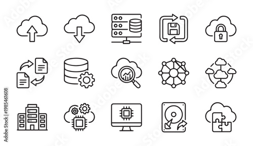 Cloud computing and data management line icons for digital storage and network