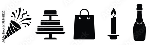 Celebration party event icons set with popper cake gift candle and champagne bottle for festive greeting cards and holiday promotions