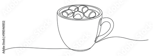 Continuous line drawing of a comforting mug of hot chocolate with sweet marshmallows perfect for winter beverage advertisements and cafe menu designs