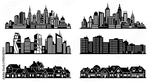 A striking composition showcases various city skylines and residential buildings rendered in a stark monochrome style presenting a bold silhouette high quality professional detailed