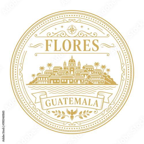 Flores Guatemala vintage travel badge with gold island cityscape vector illustration