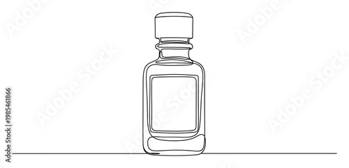 Continuous line drawing of a stylish glass bottle with a cap and label space, ideal for minimalist packaging presentations of perfumes, essential oils, or pharmaceutical products.