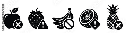 Fruit allergy or dietary restriction icons featuring various fruits with warning and exclusion symbols for health and wellness related content
