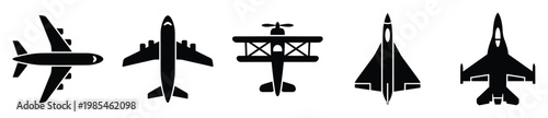 Collection of various airplane types including commercial jetliners, biplanes, and fighter jets displayed as overhead view silhouettes for aviation themed graphic resources and travel