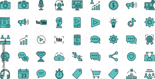 Digital content creation and social media marketing line icon set featuring video production streaming engagement and online platforms