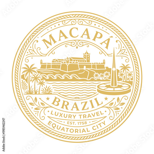 Macapa Brazil luxury travel emblem featuring historical fortress gold vector illustration