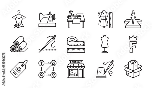 Fashion design and tailoring outline icons set with tailoring, clothing