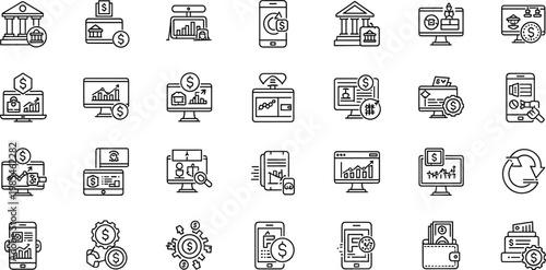Digital finance and banking line icon set featuring mobile payment investment analytics fintech money management vector collection