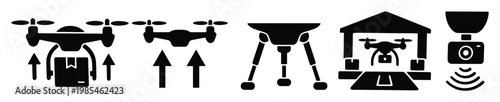 Drone technology vector icons representing autonomous package delivery, aircraft flight, automated landing stations, and surveillance camera systems for various modern applications