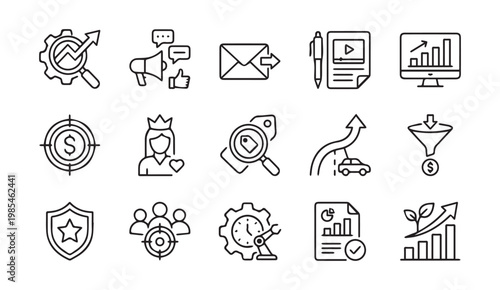 Business growth and marketing analytics line icons for strategy and development