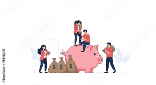Group of Diverse People Saving Money with Piggy Bank and Cash Bags