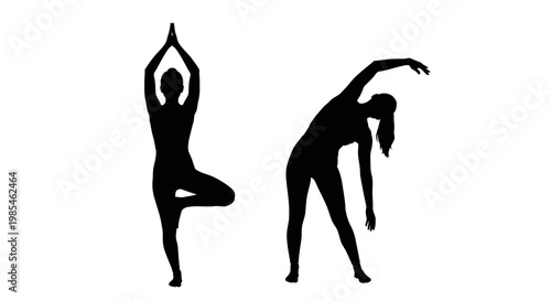 Two black silhouettes depict a woman in a tree pose and another performing a side bend showcasing yoga flexibility and balance silhouette high quality