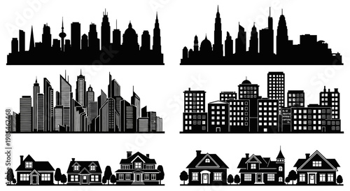 An arrangement of black cityscapes and suburban houses depicted as stark outlines creating a dramatic skyline silhouette high quality professional detailed modern elegant stylish