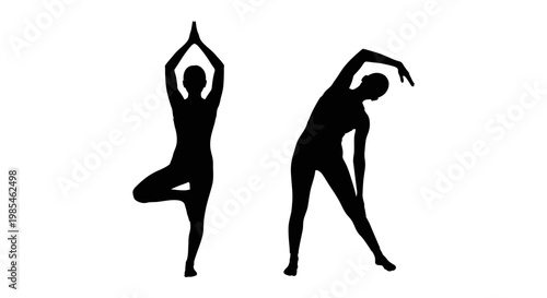 Two figures are depicted in dynamic yoga poses against a stark white background showcasing flexibility and balance a striking silhouette high quality professional detailed