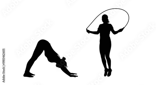 A minimalist depiction showcases two figures engaged in exercise one jumping rope and another in a downward dog pose presented as a silhouette