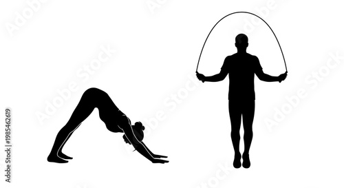 Two figures are depicted in contrasting poses one jumping rope and the other in a downward facing dog yoga position as a striking silhouette