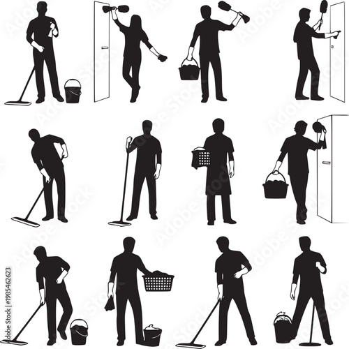 flat design vector illustration of daily cleaning and work routines with household and office tools