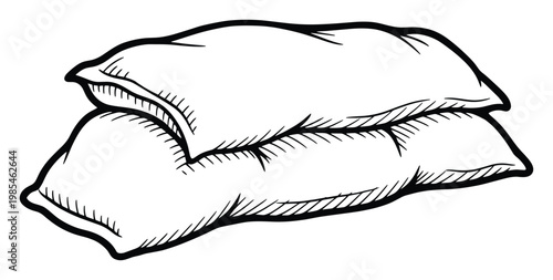 Black and white line drawing of two soft comfort pillows stacked for a cozy bedroom decor or sleep related graphic design project