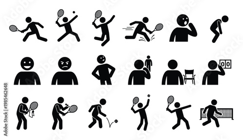 Versatile tennis player stick figure icons portraying diverse actions including serving, volleying, and running, alongside emotional states like happy, angry, and surprised, suitable for