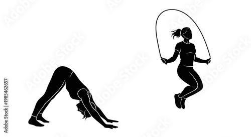 A dynamic illustration showcases a woman transitioning between a downward dog yoga pose and jump roping presented as a striking silhouette high quality professional