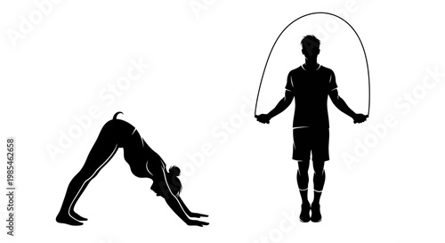 A dynamic illustration depicts two figures engaged in physical activity one jumping rope and one in downward dog pose presented as a silhouette
