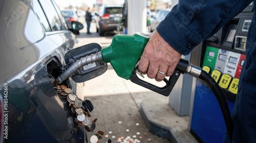 Fueling up a car owner refills gas at a pump busy gas station urban environment close-up view everyday life