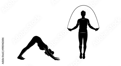 A dynamic illustration depicts two figures engaged in exercise one jumping rope and another in a downward facing dog pose silhouette high quality professional
