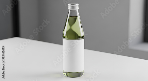 Glass bottle on white table surface.