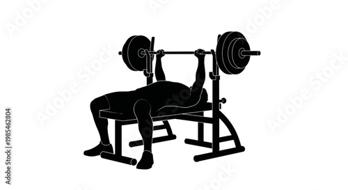 A stark black silhouette depicts a weightlifter intensely performing a bench press exercise with heavy plates showcasing strength and fitness silhouette high quality professional