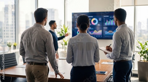 Business team analyzing financial data on digital screen corporate meeting office workers data visualization teamwork strategy professional technology modern workplace