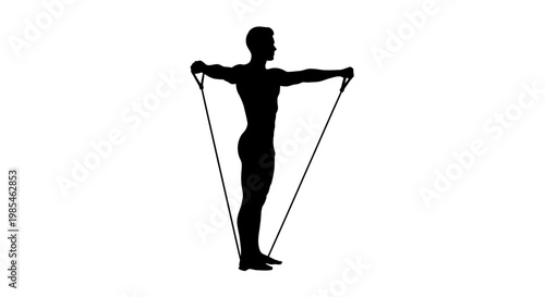 A stark black silhouette of a muscular man performing a resistance band exercise arms outstretched demonstrating fitness and strength training silhouette high quality professional