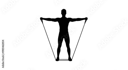A stark black silhouette of a muscular man performing a resistance band exercise emphasizing upper body strength and fitness silhouette high quality professional detailed