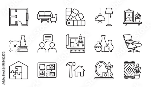Interior design and home decor line icon set with interior furniture blueprint