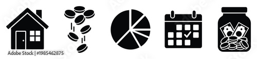 Comprehensive financial planning icons for managing home expenses, tracking income, analyzing data, scheduling important dates, and saving money efficiently