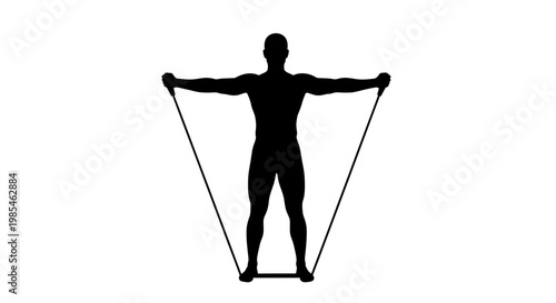 A striking black silhouette depicts a muscular man performing a resistance band exercise showcasing physical fitness and strength training silhouette high quality professional detailed