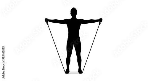 A stark black silhouette of a person performing a resistance band exercise demonstrating upper body strength and fitness silhouette high quality professional detailed modern