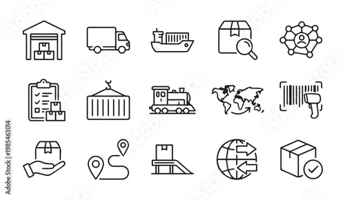 Logistics shipping and supply chain line icon set with logistics, shipping