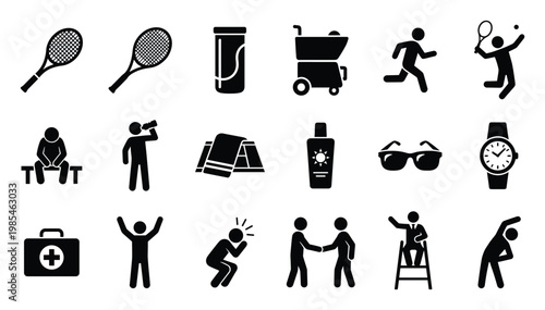 Collection of tennis sports equipment and active people icons representing various activities and situations on the court or during exercise for athletic and recreational themes