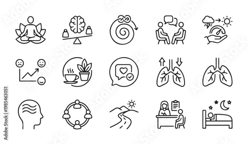 Mental health wellness and psychology line icon set with self care, wellness