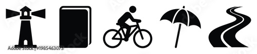 Essential graphic symbols featuring a lighthouse, book, bicyclist, umbrella, and a winding road, perfect for web applications, mobile interfaces, and informational presentations.