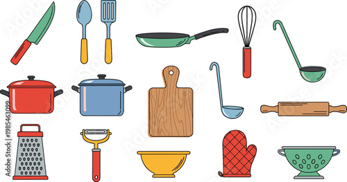 Kitchen Cooking Tools Vector Set Featuring Knife Spoon Pan Pot Whisk Cutting Board and Utensils