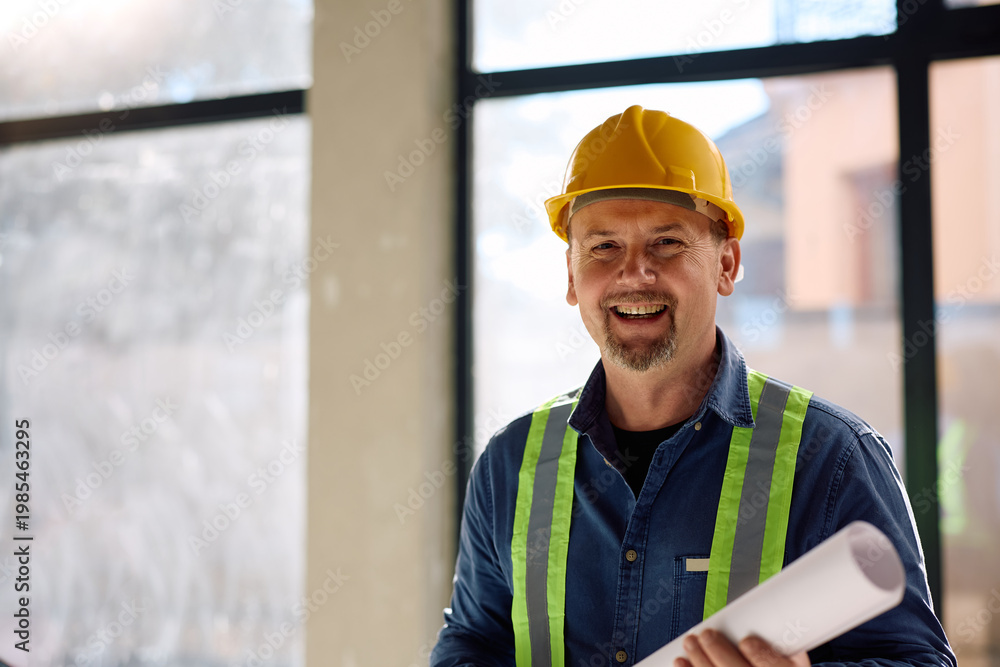 Obraz premium Professional construction worker at building site looking at camera.
