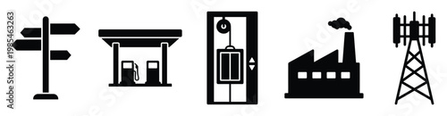 Universal black icons depicting essential infrastructure and common locations like directional signposts, gas stations, elevators, factories, and communication towers for business