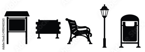 Set of outdoor elements featuring a street light, garbage can, seating bench, information board, and planter for city planning projects and public area signage applications