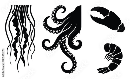 Underwater marine life silhouettes with jellyfish tentacles octopus crustacean and shrimp symbols for aquatic themed decorations restaurant branding or oceanographic studies