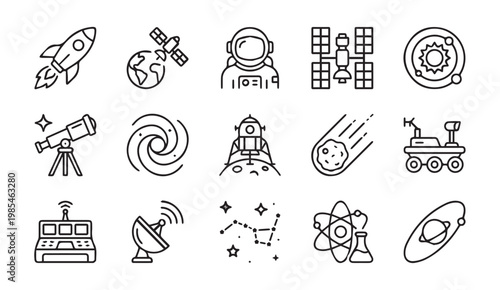 Space exploration and astronomy cosmic science line icons set with astronomy