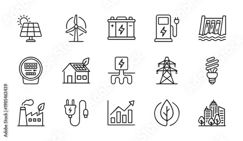 Renewable green energy and eco technology line icons set with renewable