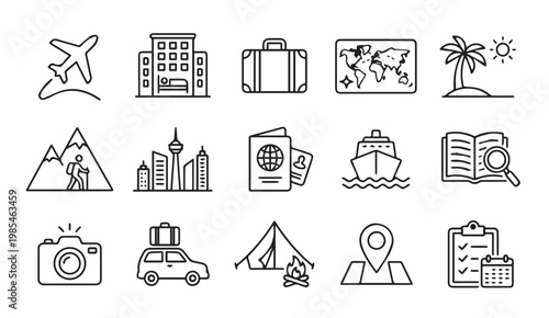 Set of tourism and holiday line icons for travel agency and vacation booking