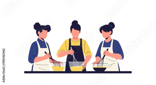 Group of Three Women Cooking Together in Kitchen