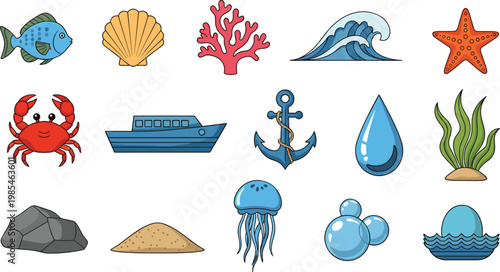 Marine and Ocean Elements Vector Set Featuring Fish Coral Wave Starfish Crab Anchor and Sea Icons